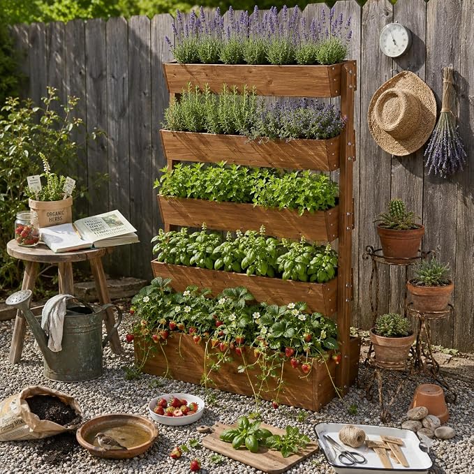 Vertical Raised Garden Bed,5 Tier Wooden Garden Planters,Adjustable Freestanding Plant Stand Flower Rank,Wooden Planters for Outdoor Indoor Balcony Garden,Herb Vegetables Flowers,33x17x66,Brown