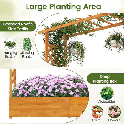 S AFSTAR 2 Pieces Raised Garden Beds with Arch Trellis, Hanging Roof & Drainage Holes, 77-Inch Vertical Plant Container for Vine Climbing Plant Flower, Outdoor Wood Elevated Planter Box for Garden