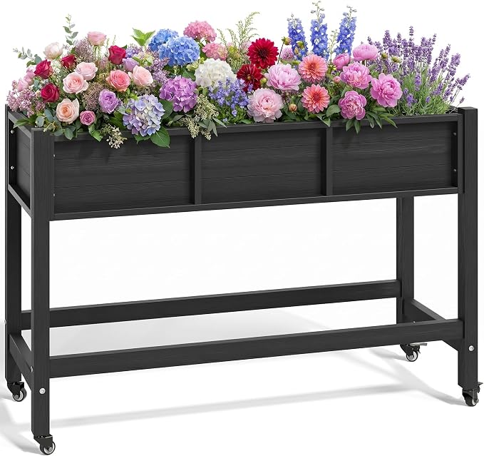 YITAHOME Raised Garden Bed HDPE, 47x18x31 in Raised Planter Box with Legs Poly-Wood Weather-Resistant Elevated Planter Box with Lockable Wheels for Vegetables, Herb Garden Bed, Black