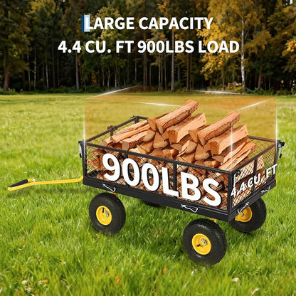 900 Lbs Heavy Duty Steel Garden Cart, Garden Wagon Cart on Wheels, Outdoor Metal Yard Utility Wagon Carts with and Mesh Removable Sides(Convert to Flatbed) and 180°Rotating Handle,Black