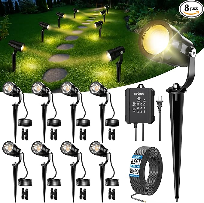 HIBOITEC All-in-One Low Voltage Landscape Lighting Kit, 5W LED Landscape Lights with Transformer and 65FT Wire, Waterproof Outdoor Spot Lights for Pathway Yard Garden, 2700K, 8 Packs