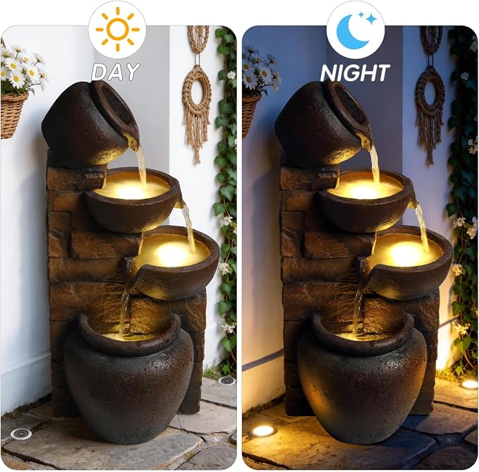 25.6" Outdoor Water Fountain, 4 Tier Cascading Pot Freestanding Water Fountain, Outdoor Fountain with LED Lights, Garden Water Feature, Suitable for Patio Yard Porch Landscape, Brown