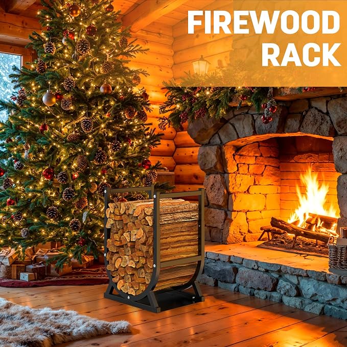 Firewood Rack, Outdoor/Indoor Firewood Adjustable Height Storage, Thickened Metal Fireplace Log Rack, Adjustable Height 18.39''-23.03'', Black