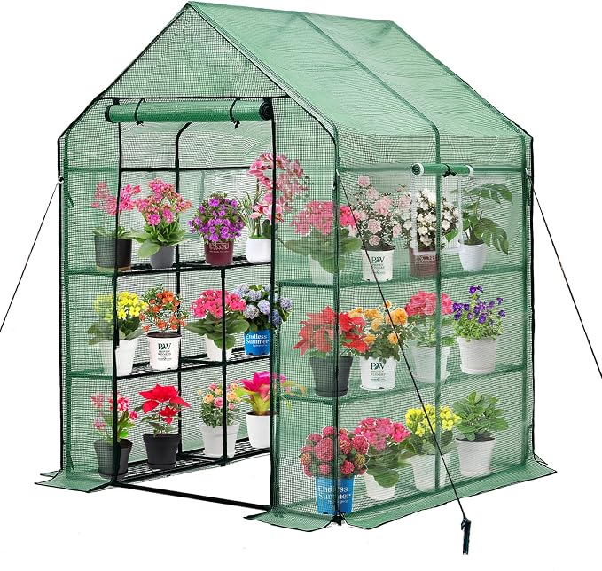 Purlyu Walk-in Greenhouse for Outdoors, Thickened PE Cover & Heavy Duty Powder-Coated Steel, Mesh Door & Screen Windows, 14 Sturdy Shelves 4.7x4.7x6.4 FT, (GHW002G)