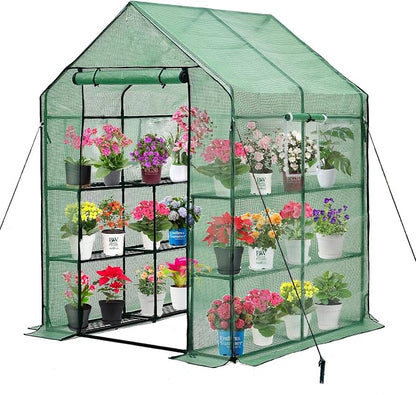 Purlyu Walk-in Greenhouse for Outdoors, Thickened PE Cover & Heavy Duty Powder-Coated Steel, Mesh Door & Screen Windows, 14 Sturdy Shelves 4.7x4.7x6.4 FT, (GHW002G)