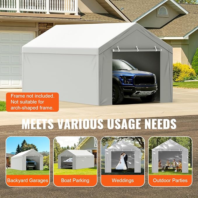 VEVOR Carport Replacement Canopy Cover Top + Side Wall 10 x 20 ft, Garage Tent Shelter Tarp Heavy-Duty Waterproof & UV Protected, Easy Installation with Ball Bungees,Grey (Frame Not Included)