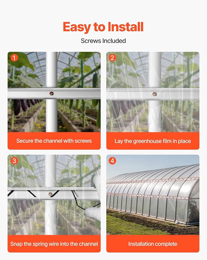 VEVOR Greenhouse Spring Wire and Lock Channel, 50 Packs 6.56 ft PVC-Coated Wiggle Wire & Aluminum Alloy Channel Bundle Kit with Included Screws, 0.05 in Thickened, Poly Film & Shade Cloth Attachments