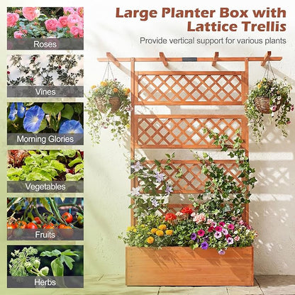 Giantex Raised Garden Bed with Trellis, 72'' Wooden Planter Box Outdoor w/Privacy Screen Roof, Large Vertical Garden Planter w/Drainage Holes for Climbing Plants, Patio Balcony Backyard