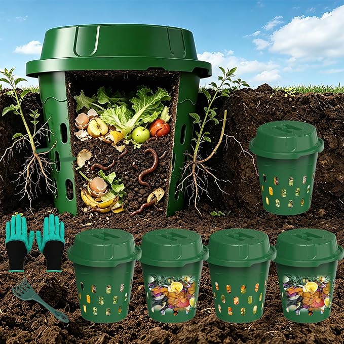 Warm Composter, 6-Pack 8L (2.11Gal) Inground Worm Compost Bin, Outdoor Worm Farm for Garden Beds & Home Use, Vermicomposting Bin for Beginners (9.5x9.5x10.8Inch), Green