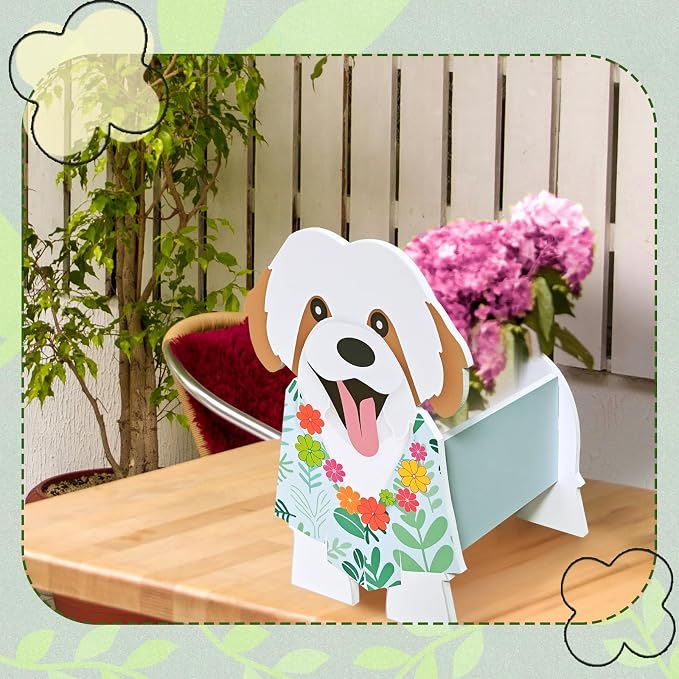 Shih Tzu Planter, Cute Animal Shape Flower Planters, Plant Pots for Indoor/Outdoor Garden Decor, Unique Gifts/Souvenirs for Pet Lovers (Hawaiian-Style Shih Tzu)