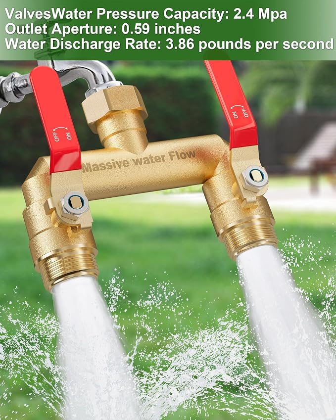Hose Splitter 2 Way Heavy Duty, Full Flow Garden Hose Splitter with 2 Long Metal Handles, Brass Rust and Freeze Resistant Water Hose Bib Splitter, T Adapter Connector with 3/4 - Inch GHT Thread（Red）