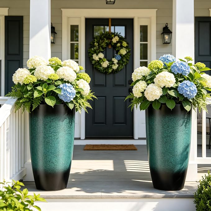 Autodaya 23.8" Tall Outdoor Planters Set of 2 Flower Pot for Outdoor Plants | Faux Ceramic Large Planters with Drainage Hole, Gradient Turquoise Glaze, Weather-Resistant for Garden Patio Porch Home Decor