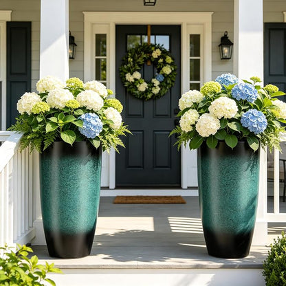 Autodaya 23.8" Tall Outdoor Planters Set of 2 Flower Pot for Outdoor Plants | Faux Ceramic Large Planters with Drainage Hole, Gradient Turquoise Glaze, Weather-Resistant for Garden Patio Porch Home Decor