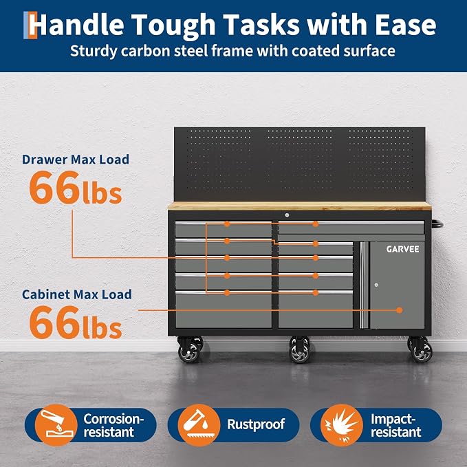 60 Inch Rolling Tool Chest Workbench, 10 Drawer Tool Box with Pegboard & Lock, Mobile Garage Tool Cabinet with Charging Station, Heavy Duty Workbench for Workshop, Gray