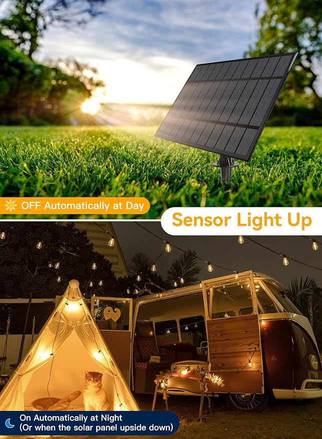 Ollny 50+2 LEDs ST38 Solar String Lights, 100 FT USB & Solar Dual Charging Outdoor String Lights, 3 Modes 5 Timers 10 Brightness 2200K Waterproof Patio Lights for Porch Garden Market Bistro Camping