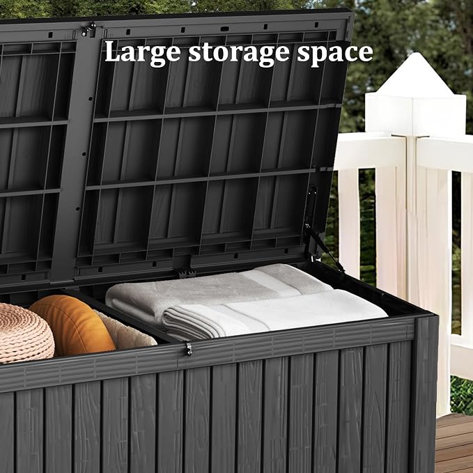 Outdoor Storage Box, 180 Gallon Waterproof Deck Box, Piston-Lift Tall Standing Cabinet for Oversized Cushions, Lockable Deep Tool Organizer Storage Bench, Large Lawn, Black