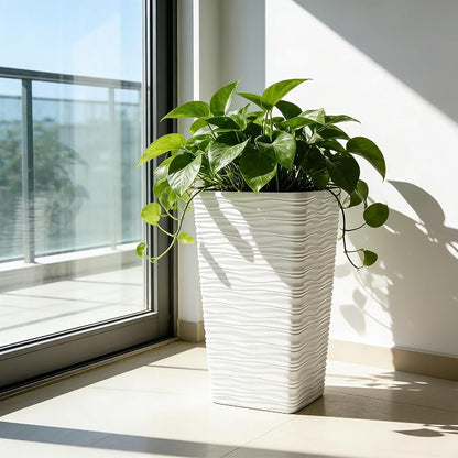 Worth Garden 22" Tall Planters Set of 2 - Plastic White Square Plant Pots with Drainage Hole - Modern Large Tapered Matte Wavy Tree Flower Pot for Indoor Outdoor Porch Deck