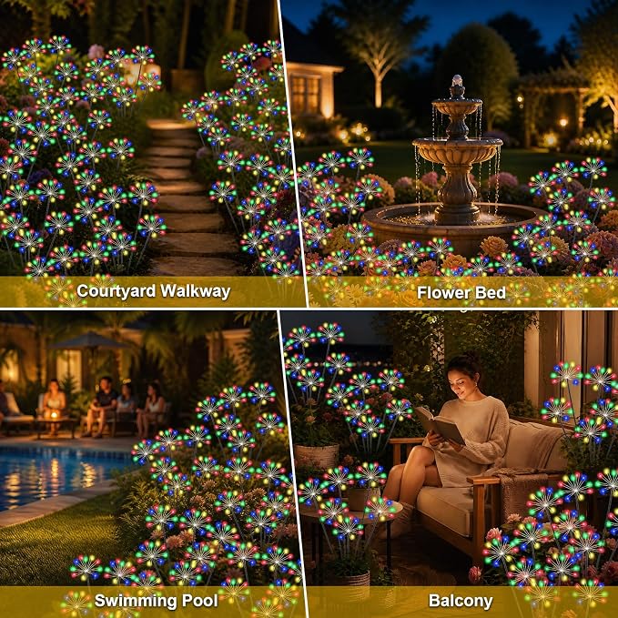 Solar Garden Lights Outdoor, Upgraded Solar Swaying Starburst Light Waterproof with 2 Modes, Solar Fairy Firework Lights for Yard Patio Pathway Flowerbed Balcony Garden Decoration (Multicolor, 4 Pack)