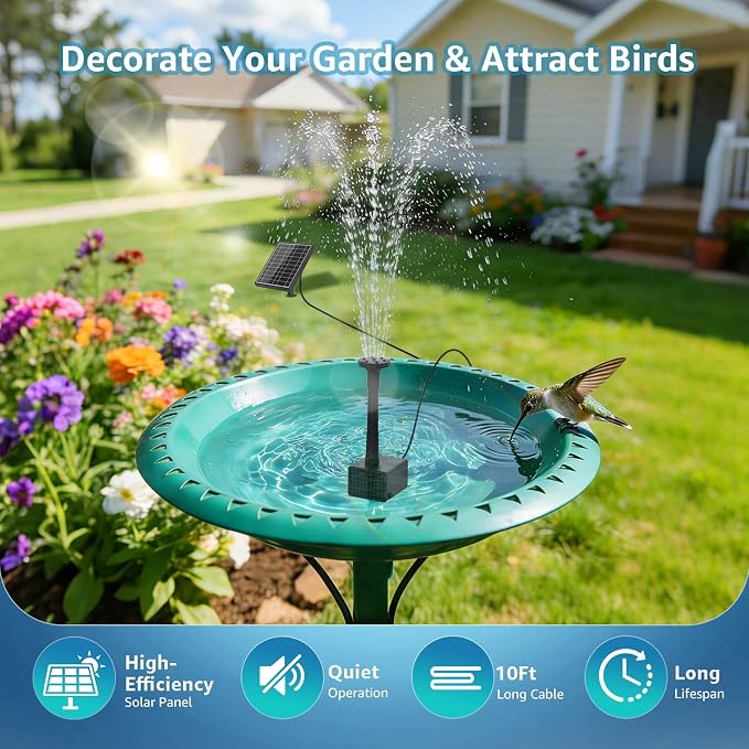 Solar Fountain Pump for Bird Bath, 4W Solar Water Fountain with 5 Spray Modes & 4ft Hose, 9.8ft Power Cord, Dry-Run Protection & Low Noise for Garden Small Pond Fish Tank DIY Water Feature