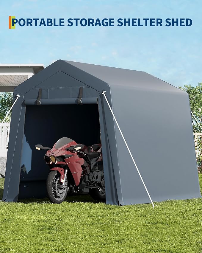 6 x 8 ft Bike Shed ATV Storage Tent Portable Storage Shed Outdoor Carport Tarp Sheds with Roll-Up Door for Motorcycle, Car, Garden Tools Grey