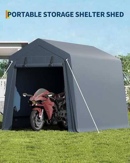 6 x 8 ft Bike Shed ATV Storage Tent Portable Storage Shed Outdoor Carport Tarp Sheds with Roll-Up Door for Motorcycle, Car, Garden Tools Grey