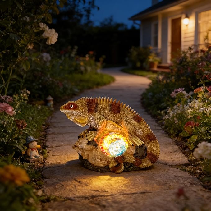 Solar Iguana Garden Statues Decor for Outdoor, Khaki Iguana Figurine Lights for Lawn Patio Yard Decoration - Unique Christmas Housewarming Gifts for Grandma Wowen Mom