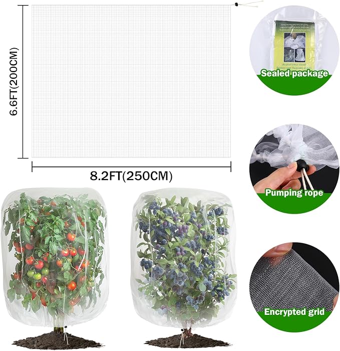 2 PCS Large Fruits Tree Netting Cover for Garden, 6.6 x 8.2 ft Insect Bird Barrier Deer Netting Cover Bag with Drawstring Garden Plant Netting for Tomato Blueberry Bush Netting Covers
