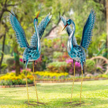 Natelf Garden Crane Statues for Outdoor, Blue Heron Decoy Courtyard Sculptures, Standing Metal Bird Yard Art for Patio Pond Backyard Decor(Set of 2)