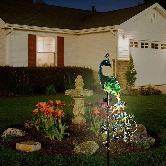 Solar Peacock Garden Stake Lights Waterproof Metal Outdoor Decor | Solar Peacock Garden Stake Lights, Waterproof Metal Glass, Thick Stake, Glow-In-The-Dark Eye, For Pathway Patio Yard Decor
