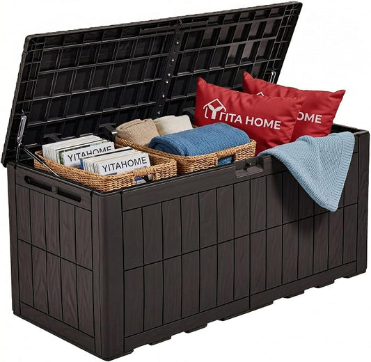 YITAHOME 110 Gallon Outdoor Deck Box | Waterproof Resin Storage Box with Lock, Lockable Patio Furniture Bin, 2-Person Bench Seating for Outdoor Cushions, Garden