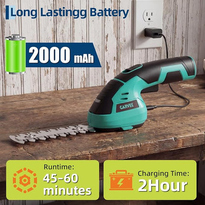 Garvee Cordless Hedge Trimmer - Small Garden 2 in 1 Handheld 7.2V Electric Grass Shears/Grass Cutter Rechargeable Lithium-Ion 2.0 Ah Battery and Type-C Cable Included Shrubbery Trimmer