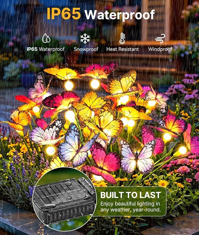 Solar Butterfly Garden Lights, 2 Pack 16 Swaying Butterflies | Lifelike Silk Wings on Wire Stems, For Yard, Patio, Pathway & Lawn, IP65 Waterproof Outdoor, Flutters in Any Breeze