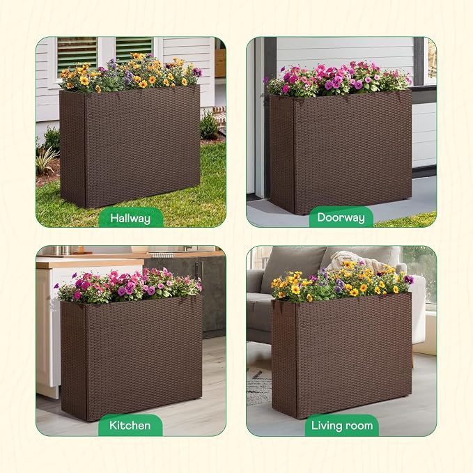 IDZO All Weather Wicker Planter Raised Garden Bed, 24 in Tall Round Rattan Flower Pots, Durable Self-Watering Indoor Outdoor Wicker Planters for Porch Patio Balcony