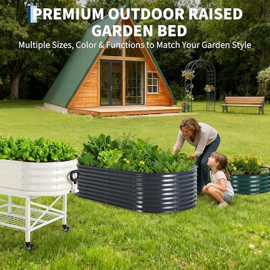 Garvee Galvanized Raised Garden Bed Large Oval Kit with Cover Zippered Screen Doors, Open Base Design, Thick Steel, Easy Assembly, Planter Box for Vegetables, Flowers (Grey, 8x4x2 ft)