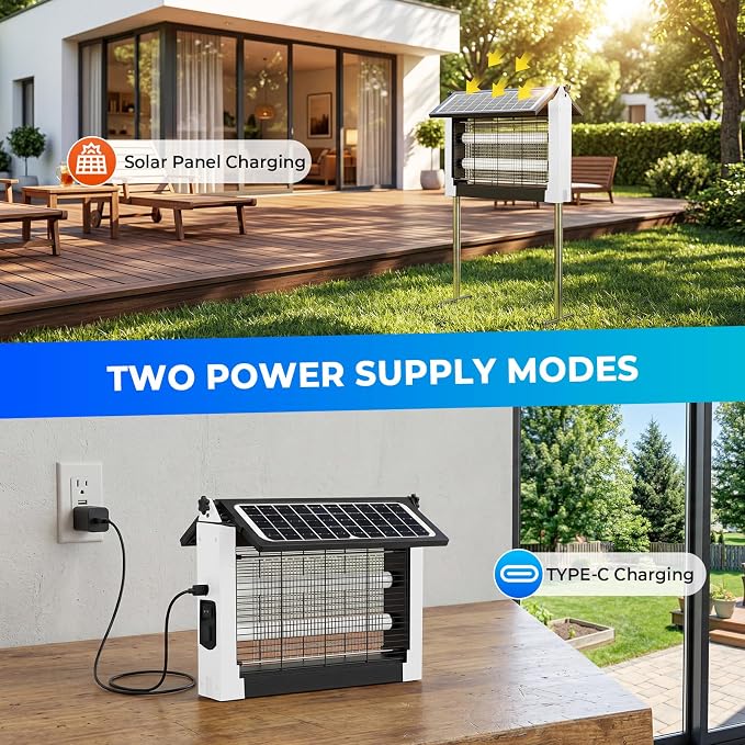 Upgraded Solar Bug Zapper Outdoor with Dual Panels, 4500V Cordless Rechargeable Fly Insect Killer Waterproof Electric Mosquitoes Zapper for Patio Garden Backyard RV Camping Pond
