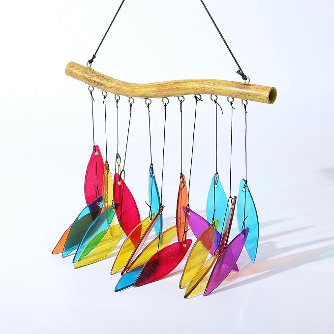 Solar Wind Chimes Outdoor with Glass and Copper (Glass Leaf 2) | Solar Powered, Garden Decor, Patio Decor, Glass and Copper, Outdoor Use