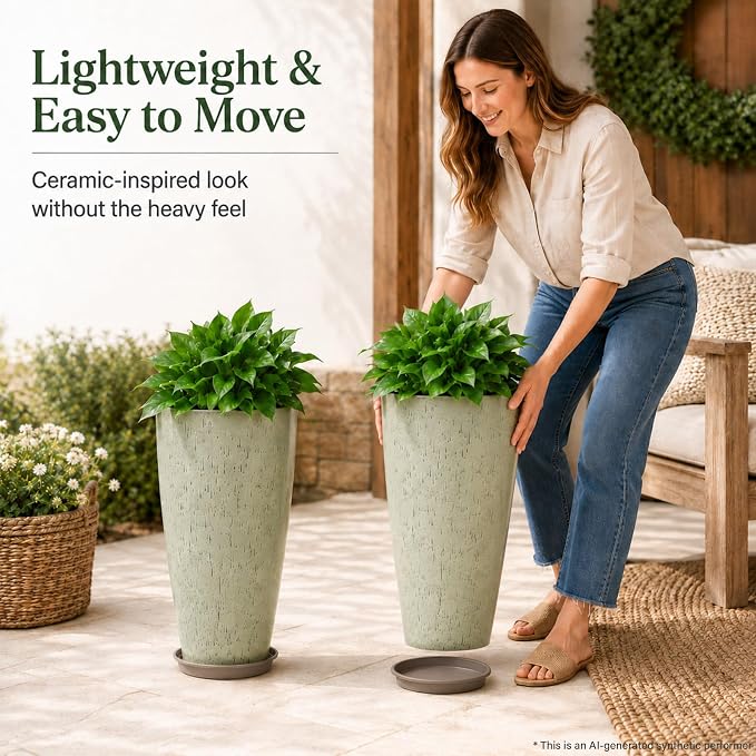Neoaider Set of 2 Tall Planter, 21 inch Large Plastic Planter, Drip Glaze | Ceramic-Look, Lightweight, Built-in Drain Hole, Saucers, Tall Outdoor Planter for Porch, Garden, Patio, Balcony