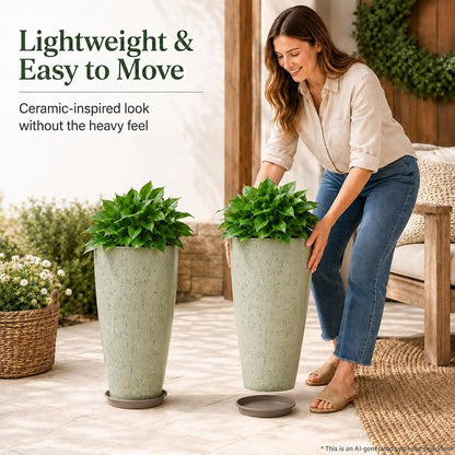 Neoaider Set of 2 Tall Planter, 21 inch Large Plastic Planter, Drip Glaze | Ceramic-Look, Lightweight, Built-in Drain Hole, Saucers, Tall Outdoor Planter for Porch, Garden, Patio, Balcony