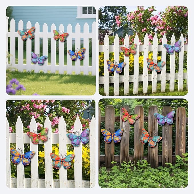Junware 4 Pieces Metal Butterfly Wall Art Decor - 7.5" Outdoor Fence Wall Sculpture Decor, Hanging Decoration for Garden Yard Living Room Bedroom Patio Balcony, Nice Gift for Mom Friend