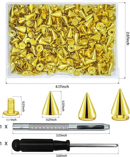 200 Sets 9.5mm Cone Spikes Metal Tree Spikes Screwback Studs for DIY Leathercraft Decoration Punk Rock Style Clothing Accessories (Gold)