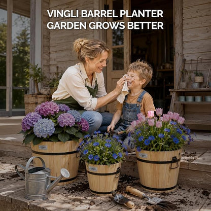 VINGLI 3 PCS Large Wooden Planter Barrel Set, 11.5"(Dia)- 18"(Dia), Real Wood Flower Pot with Drainage Holes, Different Sizes, Large Garden Container Box, Indoor & Outdoor (Honey)