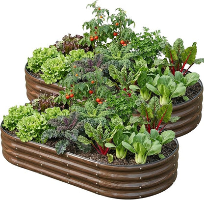 SnugNiture 2 Pcs 6x3x1ft Oval Metal Raised Garden Bed for Vegetables, Brown | Protective rubber edging strips thickened corrugated galvanized steel