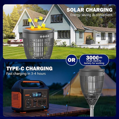 All in 1 Solar Bug Zapper Outdoor, Flame & Projection Mode, Auto/Manual Modes, 4200V Electric Mosquito Killer with High Powered, IPX5 Waterproof Rechargeable Fly Insect Trap for Patio Garden Yard RV