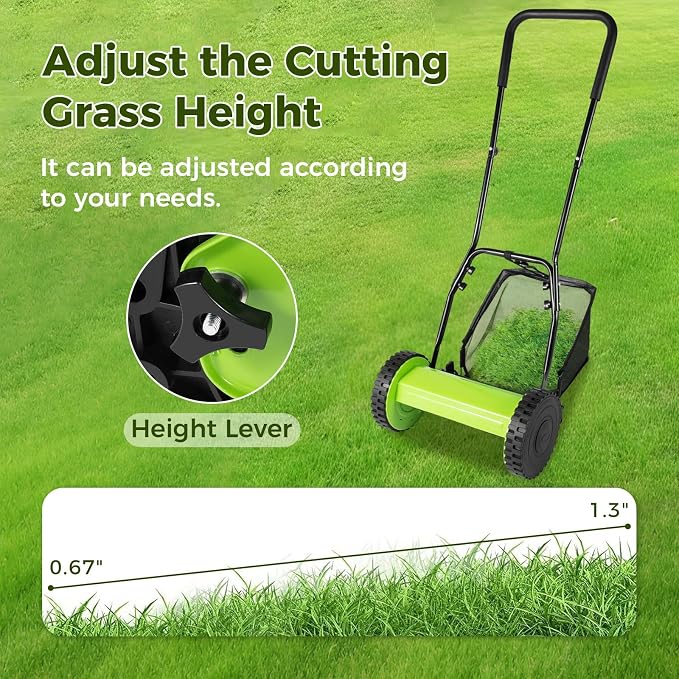 12" Push Reel Lawn Mower, 0.67-1.3 in Adjustable Cutting Height | 6-Gallon Collection Bag, 5 Blade Manual Lawn Mower, Walk-Behind Lawn Mowers for Yard, Garden