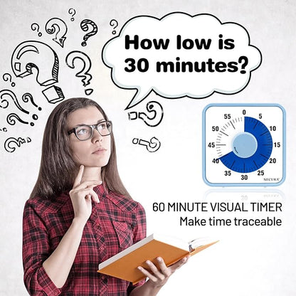 Secura 60-Minute Visual Countdown Timer, 7.5-Inch Oversize Classroom Visual Timer for Kids and Adults, Durable Mechanical Kitchen Timer Clock with Magnetic Backing (Navy Blue)