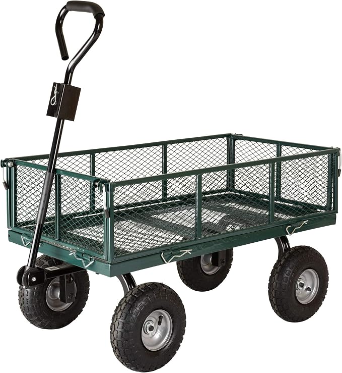 Garden Star 70107 Garden Cart/Utility Cart, Hinged/Removeable Sidewalls, Four 10-inch Wheels, Loop Handle with Convertible Hitch Attachment, Steel Powder-Coated Mesh Frame, 700-pound Capacity, Green