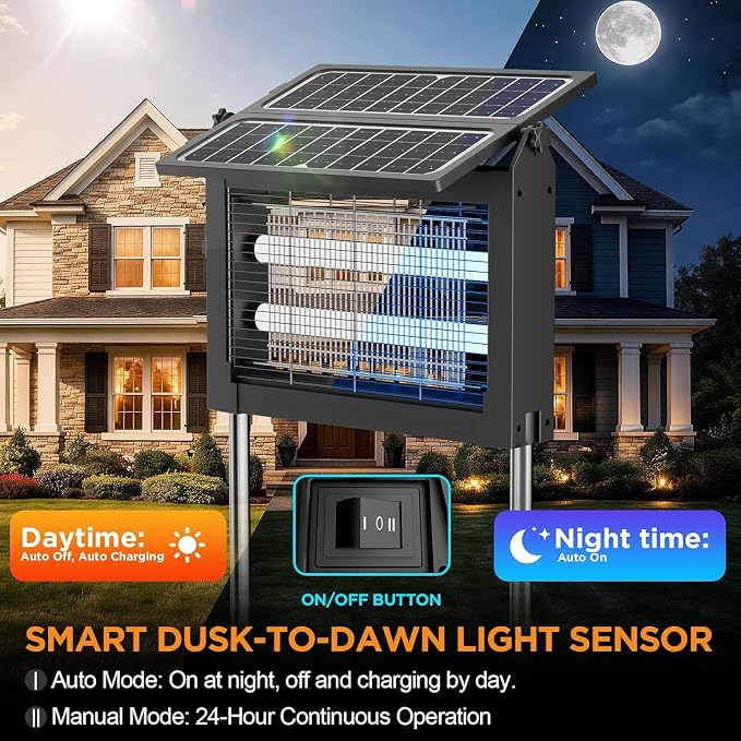 Solar Bug Zapper Outdoor-4500V Mosquito Zapper Outdoor Fly Killer-with Dual Adjustable Solar Panel Waterproof-Portable Electric Fly Trap for Patio, Garden, Backyard, and Camping