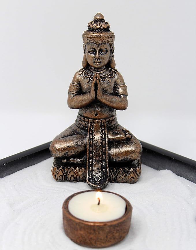 Nature's Mark Mini Zen Garden Kit for Desk with Rake, White Sand, Buddha Figures, Tea-Light Holder Black Square Base, River Rocks and Crystal (9Lx9W B)