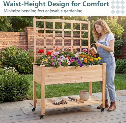 HAPPYGRILL Wooden Raised Garden Bed with Trellis, 65'' Elevated Planter Box w/Legs on Wheels, Liner & Drainage Holes for Climbing Plant Vegetable Flower, Outdoor Garden Box for Backyard Balcony (1)
