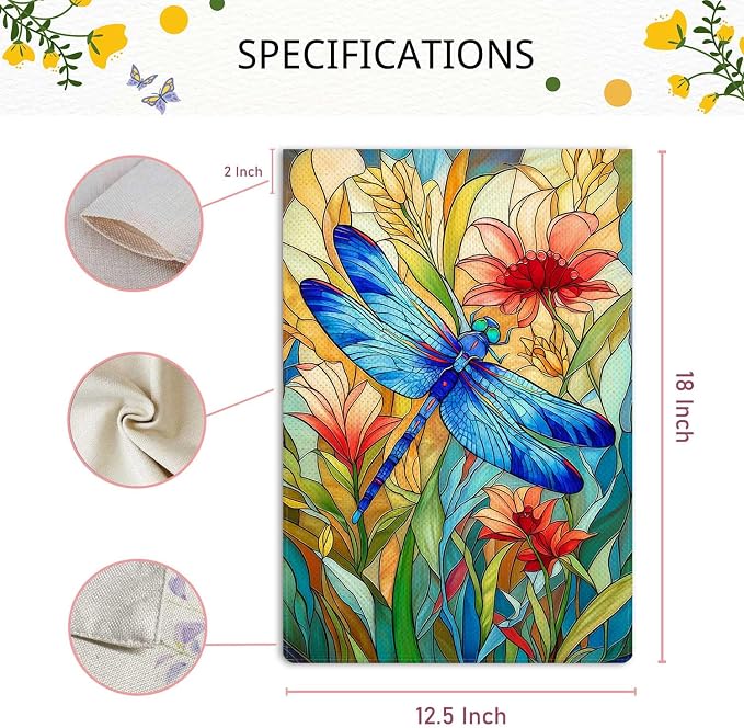 Stained Glass Style Dragonfly Garden Flag Spring Summer Garden Flag Vertical Double Sided Rustic Farmland Burlap Yard Lawn Outdoor Decor 12.5x18"